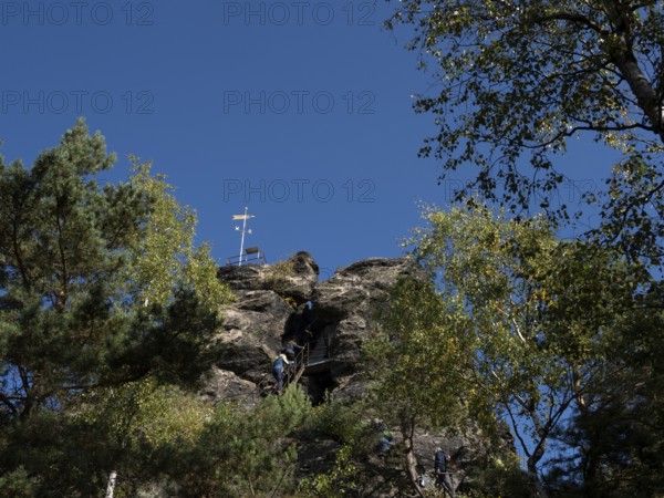 Rocks and rock group with via ferrata, Scharfenstein, Zittau Mountains, Saxony, Germany