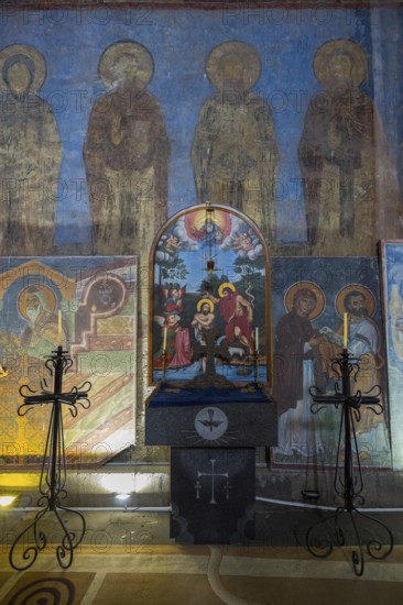 Interior of a church with icons and an altar surrounded by candlesticks, Akhtala monastery, Akhtala town, Lorikeet province, Armenia