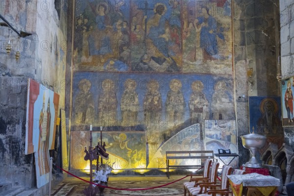 Church interior with rows of frescoes and abstract representations on the walls, Akhtala monastery, Akhtala town, Lorikeet province, Armenia
