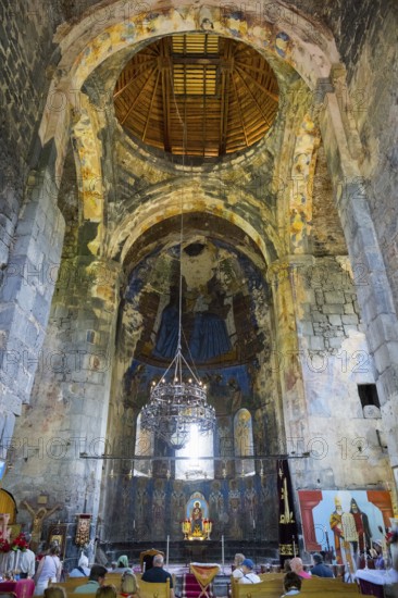 Large church interior with old wall paintings and a richly decorated altar, Akhtala monastery, Akhtala town, Lorikeet province, Armenia