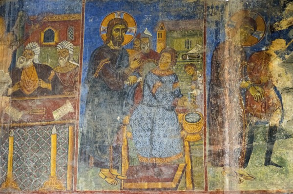 Historical fresco in a church depicting a Christian scene with detailed figures, Akhtala monastery, Akhtala town, Lorikeet province, Armenia