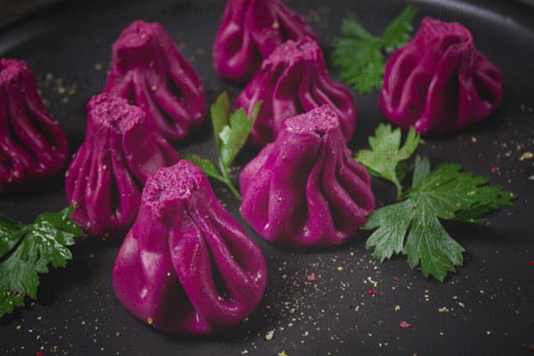 Beetroot khinkali, mini khinkali, purple, Georgian cuisine, no people