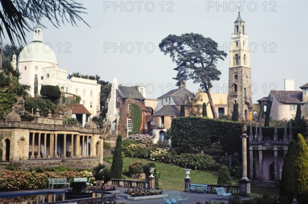 Buildings in Portmeirion folly tourist village, Gwynedd, North Wales, UK in 1985, built by Sir Clough Williams-Ellis