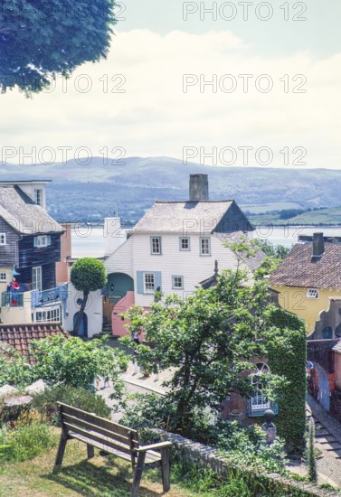 Buildings in Portmeirion folly tourist village, Gwynedd, North Wales, UK in 1985, built by Sir Clough Williams-Ellis