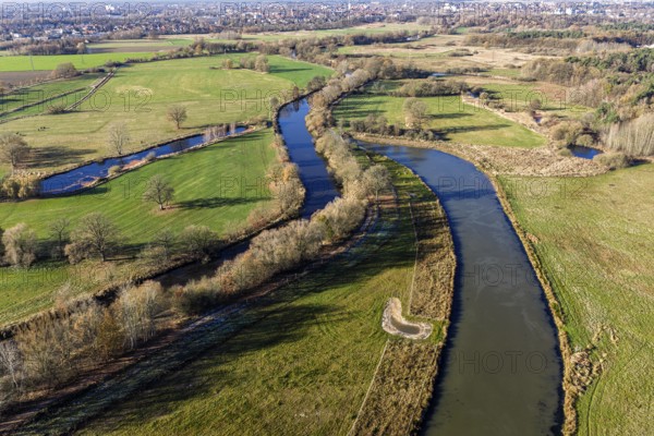 Aerial view, river Aller east of Celle, stream surrounded by meadows, Celle, Lower Saxony, Germany
