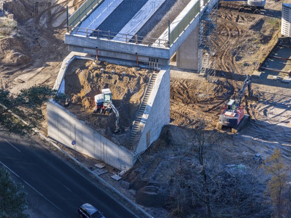 Aerial view of construction site, new bridge is build as part of bypass road, Celle, Germany