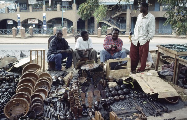 Artist, woodcarving stand at Lilongwe market, Malawi, Africa, June 2000, vintage, retro, old, historic