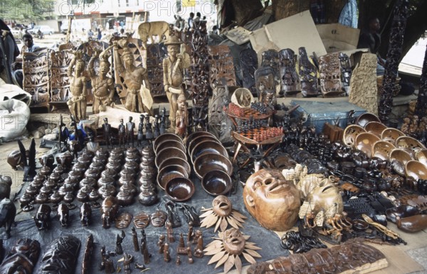 Carvings, wood carving stand at Lilongwe market, Malawi, Africa, June 2000, vintage, retro, old, historic