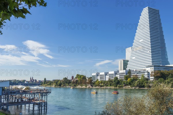 Basel Rheinbad with a view of the Roche Tower, Rhine, Basel