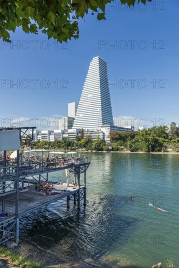 Basel Rheinbad with a view of the Roche Tower, Rhine, Basel