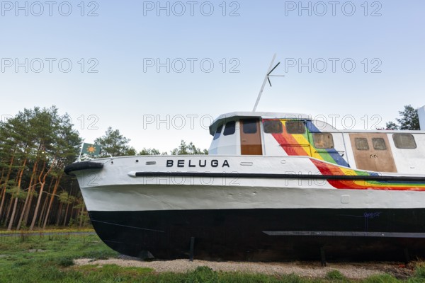 Beluga, former Greenpeace ship ashore, memorial, resistance against nuclear waste, interim storage facility in Gorleben, Gorlebener Wald, Lüchow-Dannenberg, Germany