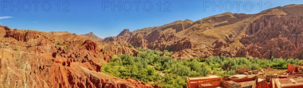 Red rock landscape with green trees under clear sky, Morocco, Dade Valley, Monkey Finger, panorama