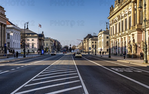 View from the middle of the Unter den Linden road towards the equestrian monument of Frederick the Great, Berlin, Germany