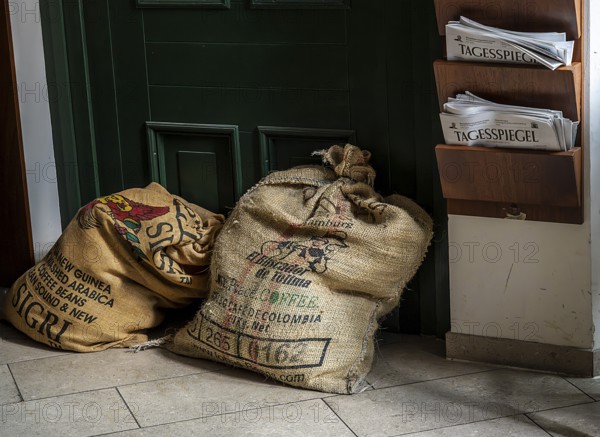 Coffee bags are used as decoration in a small coffee house, Berlin, Germany