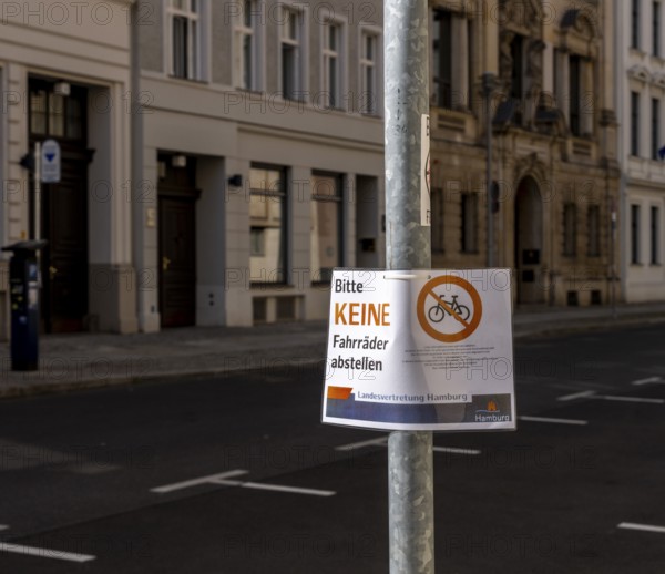 Information sign in front of the Hamburg State Representative building in downtown Berlin, Germany