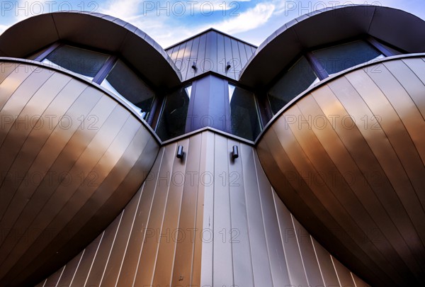 Futuristic balconies with bay windows on a prefabricated building from the sixties in Nikolaiviertel, Berlin, Germany