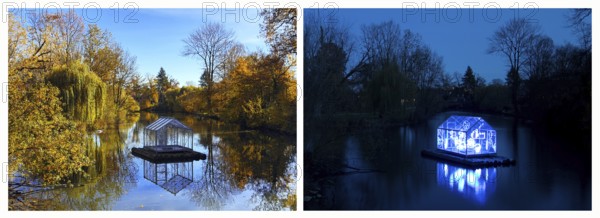 The Lippe River with Christoph Hildebrand's Arche light work during the day and at night, Lichtpromenade Lippstadt, North Rhine-Westphalia, Germany