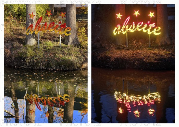 The river Lippe at the Naval Association with the artwork by Jan Philip Scheibe during the day and at night, Lippstadt, North Rhine-Westphalia, Germany