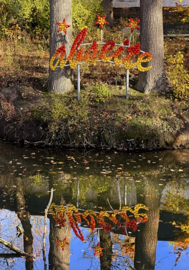 The Lippe River at the Naval Association with the artwork by Jan Philip Scheibe, Lichtpromenade Lippstadt, North Rhine-Westphalia, Germany