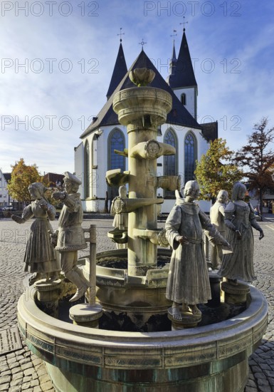 The Bonifatius Stirnberg Bürgerbrunnen on the Town Hall Square, Rathausplatz, Rathausplatz in front of the Great St. Mary's Church, Lippstadt, North Rhine-Westphalia, Germany
