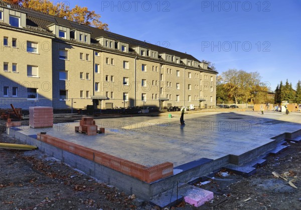 Construction site with finished cast foundation for an apartment building, Lippstadt, North Rhine-Westphalia, Germany