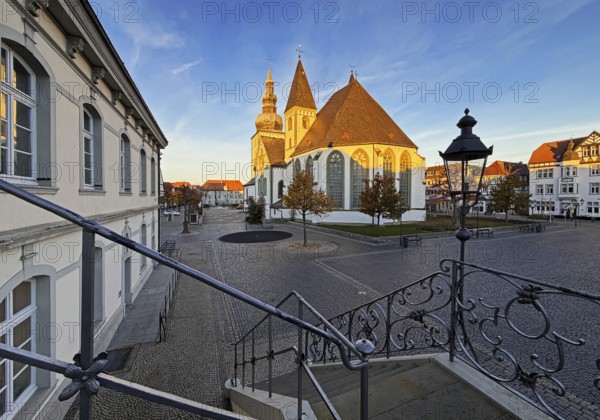 Great St. Mary's Church seen from City Hall at sunrise, Rathausplatz, Lippstadt, North Rhine-Westphalia, Germany