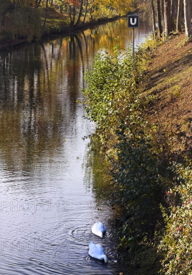 The river Lippe am Lippertor with the artwork Hel by Livia Theuer and Daniel Roskamp, Lichtpromenade Lippstadt, North Rhine-Westphalia, Germany
