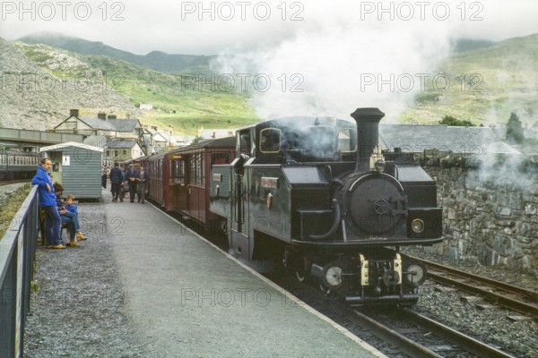 Earl of Merioneth, Double Fairlie articulated steam locomotive train engine, Ffestiniog Railway, Blaenau Ffestiniog, Gwynedd, Wales, UK 1985