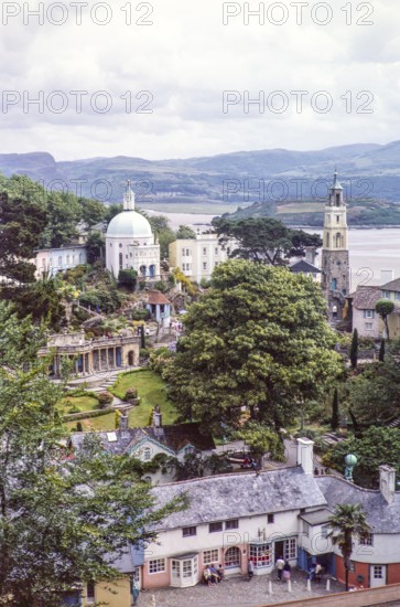 Buildings in Portmeirion folly tourist village, Gwynedd, North Wales, UK in 1985, built by Sir Clough Williams-Ellis