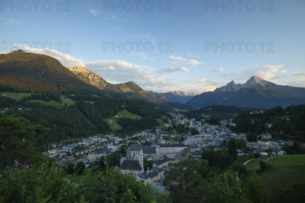 City of Berchtesgaden at sunset from the Lockstein view with alpine panorama in summer. Berchtesgadener Land, Germany