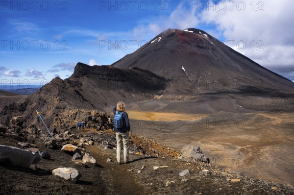 A hiker on the Tongariro Alpine Crossing trail. View of Mt Ngauruhoe. Tongariro National Park. North Island, New Zealand