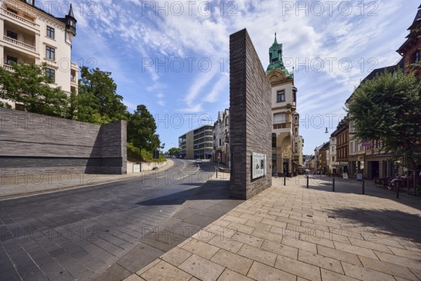 Memorial to the Murdered Wiesbaden Jews, Memorial, Historic Event, Pedestrian Zone, Historic Residential and Commercial Buildings, Barrier Bollards, Shopping, Pedestrians as Accessories, Blue Sky, Altocumulus Clouds, Coulinstraße and Michelsberg Streets, Wiesbaden, State Capital, Independent City, Hesse, Germany