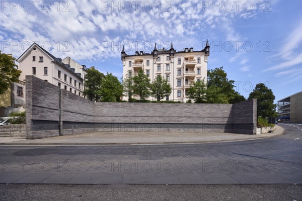 Memorial to the murdered Wiesbaden Jews, memorial, historical event, street made of concrete paving stones, residential buildings, trees, blue sky, altocumulus clouds, Coulinstraße, Wiesbaden, state capital, district-free city, Hesse, Germany