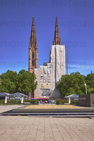 St. Boniface Catholic Church, scaffolding, renovation, concrete paving square, trees, blue sky, cloudless, Luisenplatz, Luisenstraße, Wiesbaden, state capital, district-free city, Hesse, Germany