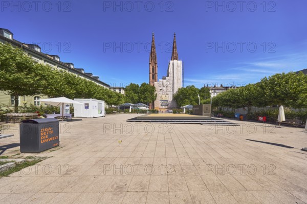 St. Boniface Catholic Church, scaffolding, renovation, concrete paving square, trees, general architecture, public trash can, blue sky, cirrus clouds, Luisenplatz, Luisenstraße, Wiesbaden, state capital, district-free city, Hesse, Germany