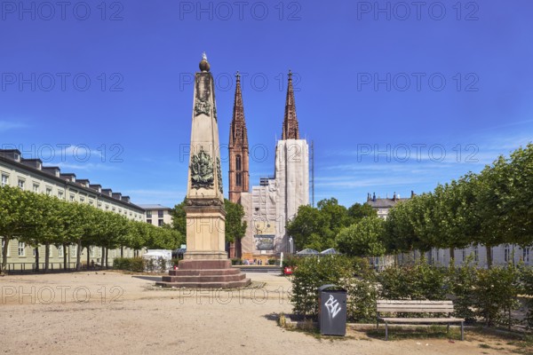 St. Boniface Catholic Church, Waterloo monument, scaffolding, renovation, bench, public trash can, trees, general architecture, blue sky, cirrus clouds, Luisenplatz, Luisenstraße, Wiesbaden, state capital, district-free city, Hesse, Germany