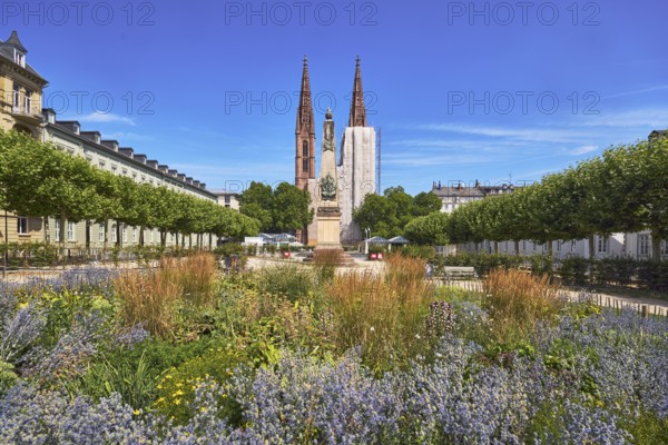 Park, flower bed, plants, Waterloo monument, St. Boniface Catholic Church, scaffolding, renovation, trees, general architecture, blue sky, cirrus clouds, Luisenplatz, Luisenstraße, Wiesbaden, state capital, district-free city, Hesse, Germany