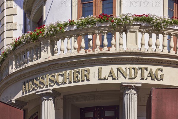 Hessian state parliament, sign state parliament, balcony, flower boxes, round, sunny, Schlossplatz, Wiesbaden, state capital, district-free city, Hesse, Germany