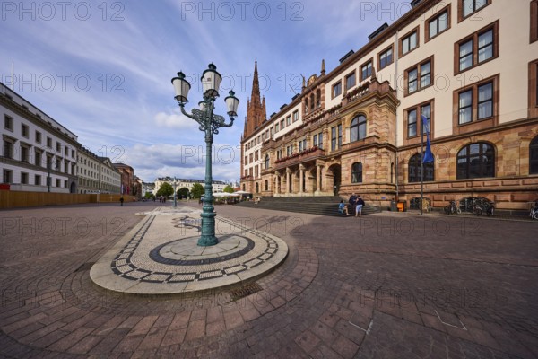 Town Hall, New Renaissance style, architect Georg von Hauberrisser, façade with windows, staircase, paving stone square, lantern, blue sky, cumulus clouds, diffuse light, slightly sunny, Schlossplatz, Wiesbaden, state capital, district-free city, Hesse, Germany