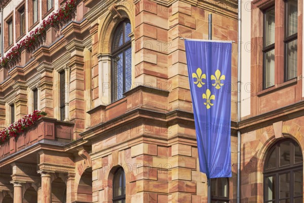 Flag of the city of Wiesbaden, town hall, façade, sandstone building material, architect Georg von Hauberrisser, new renaissance style, diffuse light, slightly sunny, Schlossplatz, Wiesbaden, state capital, district-free city, Hesse, Germany