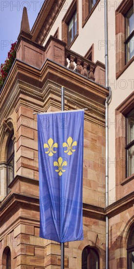 Flag of the city of Wiesbaden, town hall, façade, sandstone building material, architect Georg von Hauberrisser, new renaissance style, blue sky, cumulus clouds, diffuse light, slightly sunny, Schlossplatz, Wiesbaden, state capital, district-free city, Hesse, Germany
