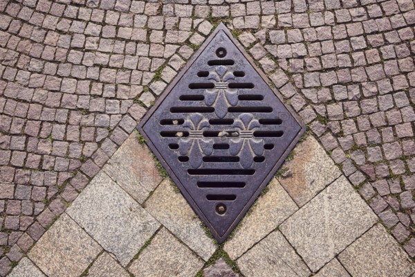 Manhole cover, city coat of arms, square made of paving stones and marble slabs, sunny, Wiesbaden, state capital, district-free city, Hesse, Germany