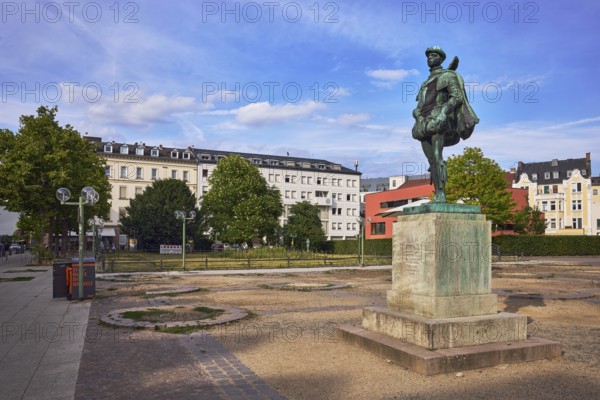Wilhelm von Nassau-Oranien monument, general architecture, construction site redesign, square, trees, blue sky, cumulus clouds, evening light, Schlossplatz, Wiesbaden, state capital, district-free city, Hesse, Germany