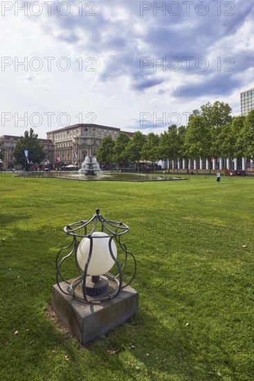 Garden area, lantern, lawn, bowling green, cascade fountain, general architecture, shadow, back light, side light, blue sky, cumulus clouds, nimbostratus clouds, Kurhausplatz, Wiesbaden, state capital, district-free city, Hesse, Germany
