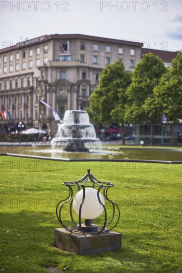 Lantern, garden, bowling green, lawn, trees, cascade fountain, general architecture, side light, shadow, depth of field with blurred background, sun, cloudy, Kurhausplatz, Wilhelmstraße, Wiesbaden, state capital, district-free city, Hesse, Germany