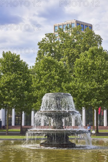 Cascade fountain, garden, tree, lawn, bowling green, high-rise building, blue sky, cumulus clouds, Kurhausplatz, Wiesbaden, state capital, district-free city, Hesse, Germany