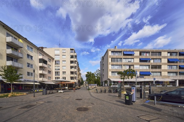 Residential and commercial buildings, houses, general architecture, balcony, windows, awnings, concrete paving, trees, garbage can, blue sky, cumulus clouds, Webergasse, Wiesbaden, state capital, district-free city, Hesse, Germany