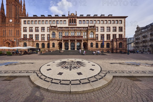 New Town Hall, Historic Building, Neo-Renaissance Style, Architect Georg von Hauberrisser, Paving Stone Square, Imperial Eagle of the German Empire, Entrance, Staircase, Facade with Windows, Market Church, Pedestrians as Accessories, Seated People, Blue Sky, Cumulus Clouds, Palace Square, Wiesbaden, State Capital, County-Free City, Hesse, Germany