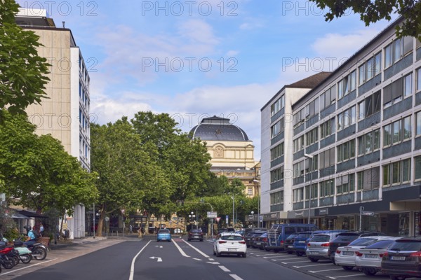 Hessian State Theatre, theatre, buildings, general architecture, commercial buildings, parking boxes, vehicles, cars, trees, blue sky, cumulus clouds, Burgstraße street, Wiesbaden, state capital, district-free city, Hesse, Germany
