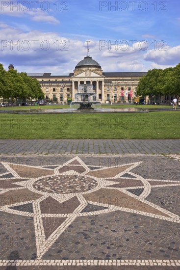 Paving stone sidewalk, mosaic, pattern, spa hotel, garden, lawn, bowling green, trees, cascade fountain, blue sky, cumulus clouds, Kurhausplatz square, Wilhelmstraße, Wiesbaden, state capital, district-free city, Hesse, Germany